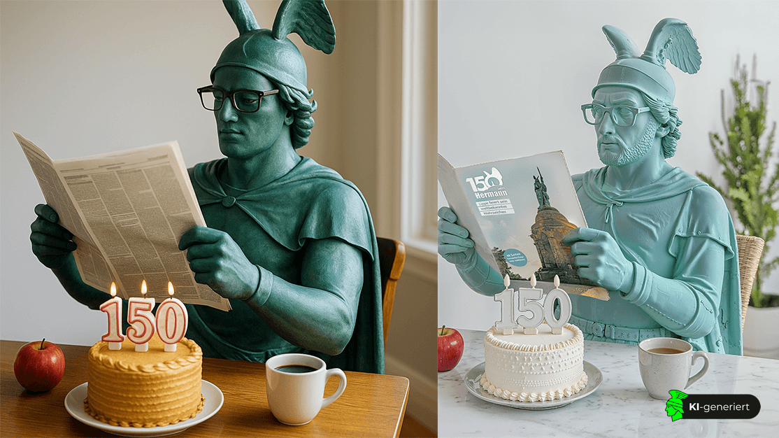 Die von ChatGPT generierte Vorlage und das finale Bild des Hermannsdenkmals mit Kuchen, Kaffee und Zeitung.