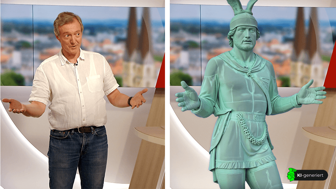 Vorher- und Nachherbild des Hermannsdenkmals in einer Szene im WDR-Lokalzeit-OWL-Studio.