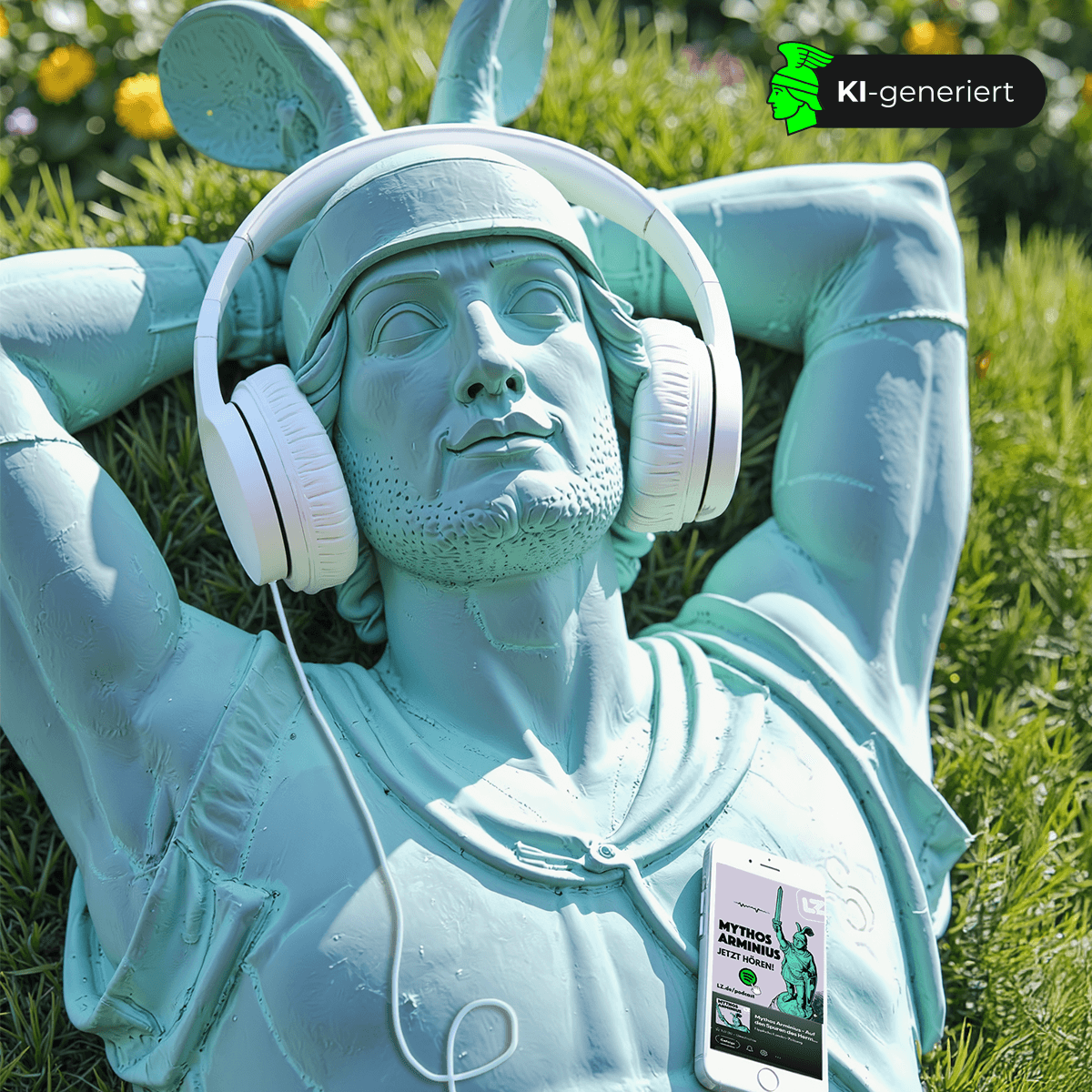 Der KI-Hermann bewirbt dem ihm eigens gewidmeten Podcast “Mythos Arminius” von der Lippischen Landes-Zeitung (KI-generiert)